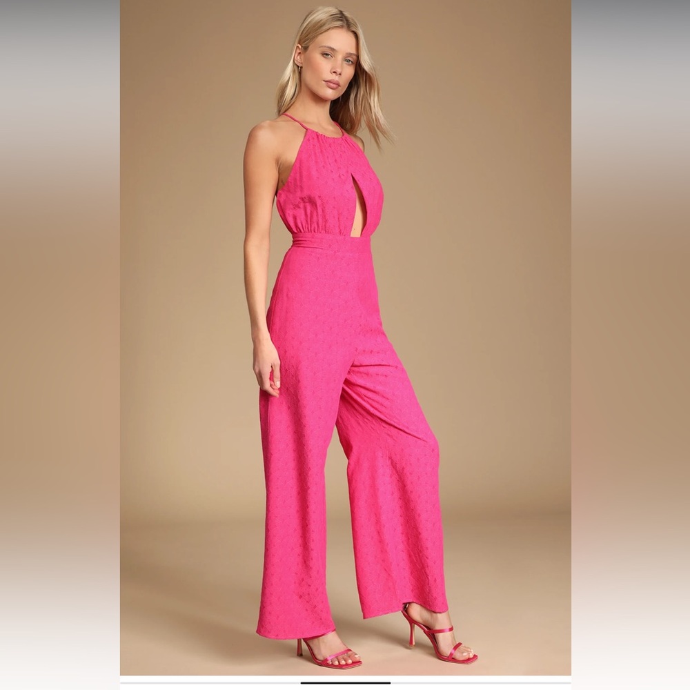 NWT Lulu's Vibrant Hot Pink Floral Jacquard Wide-Leg Jumpsuit